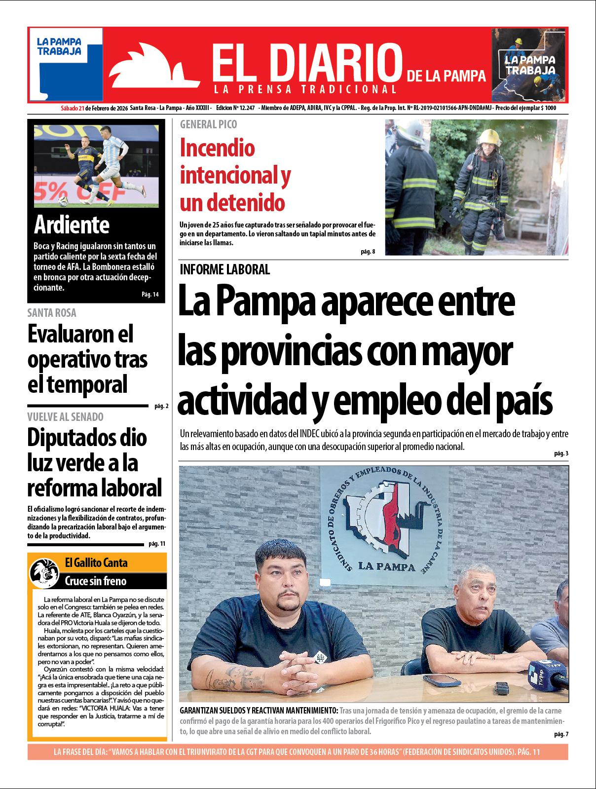 Tapa de El Diario en papel  saacutebado 21 de febrero de 2026